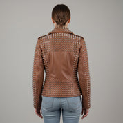 Women's Brown Studded Leather Biker Jacket — Lowton