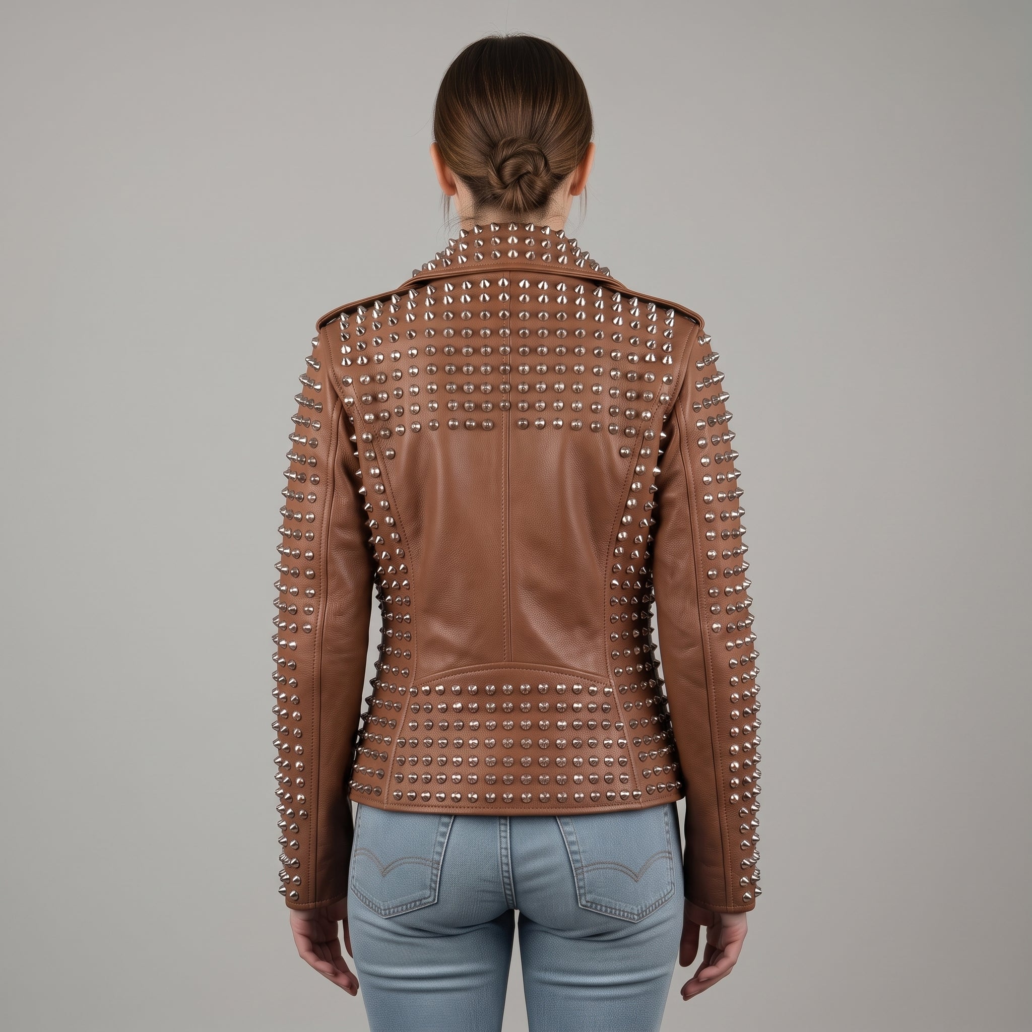Women's Brown Studded Leather Biker Jacket — Lowton