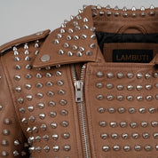Women's Brown Studded Leather Biker Jacket — Lowton