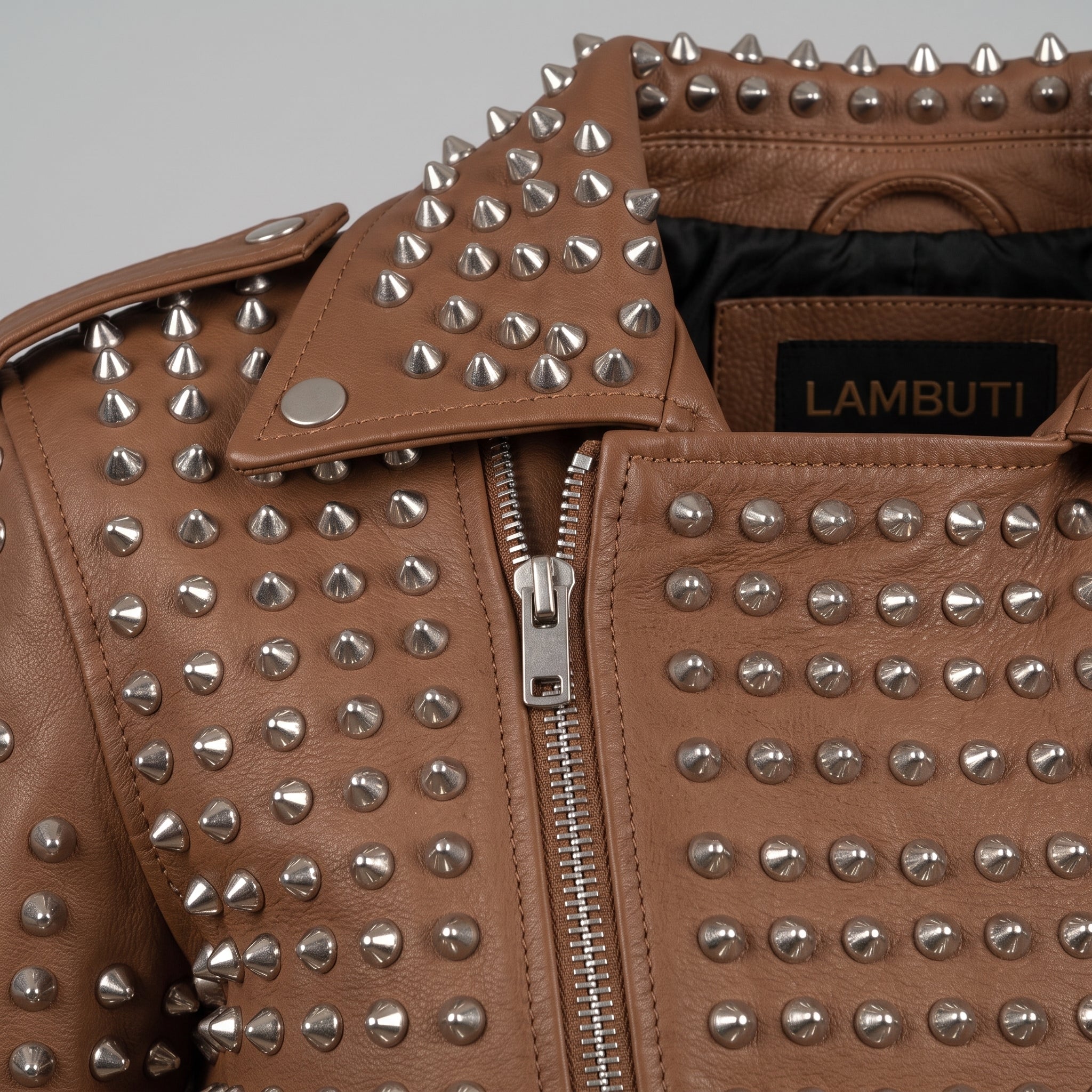 Women's Brown Studded Leather Biker Jacket — Lowton