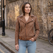 Women's Brown Studded Leather Biker Jacket — Lowton