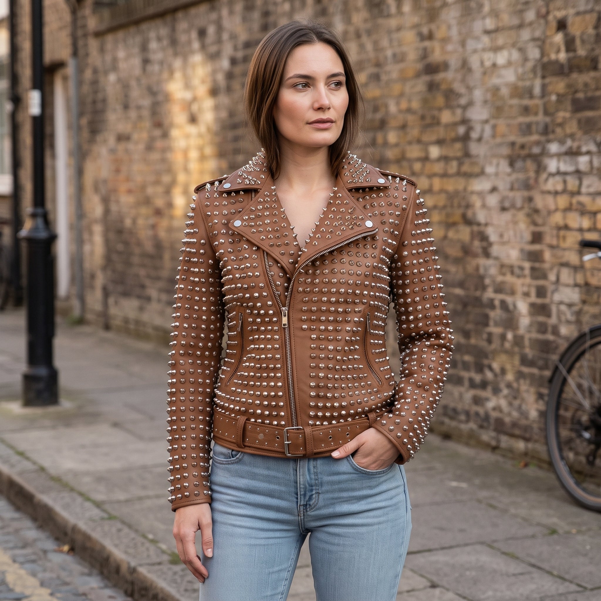 Women's Brown Studded Leather Biker Jacket — Lowton
