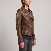 Women's Brown Studded Leather Biker Jacket — Mirfield