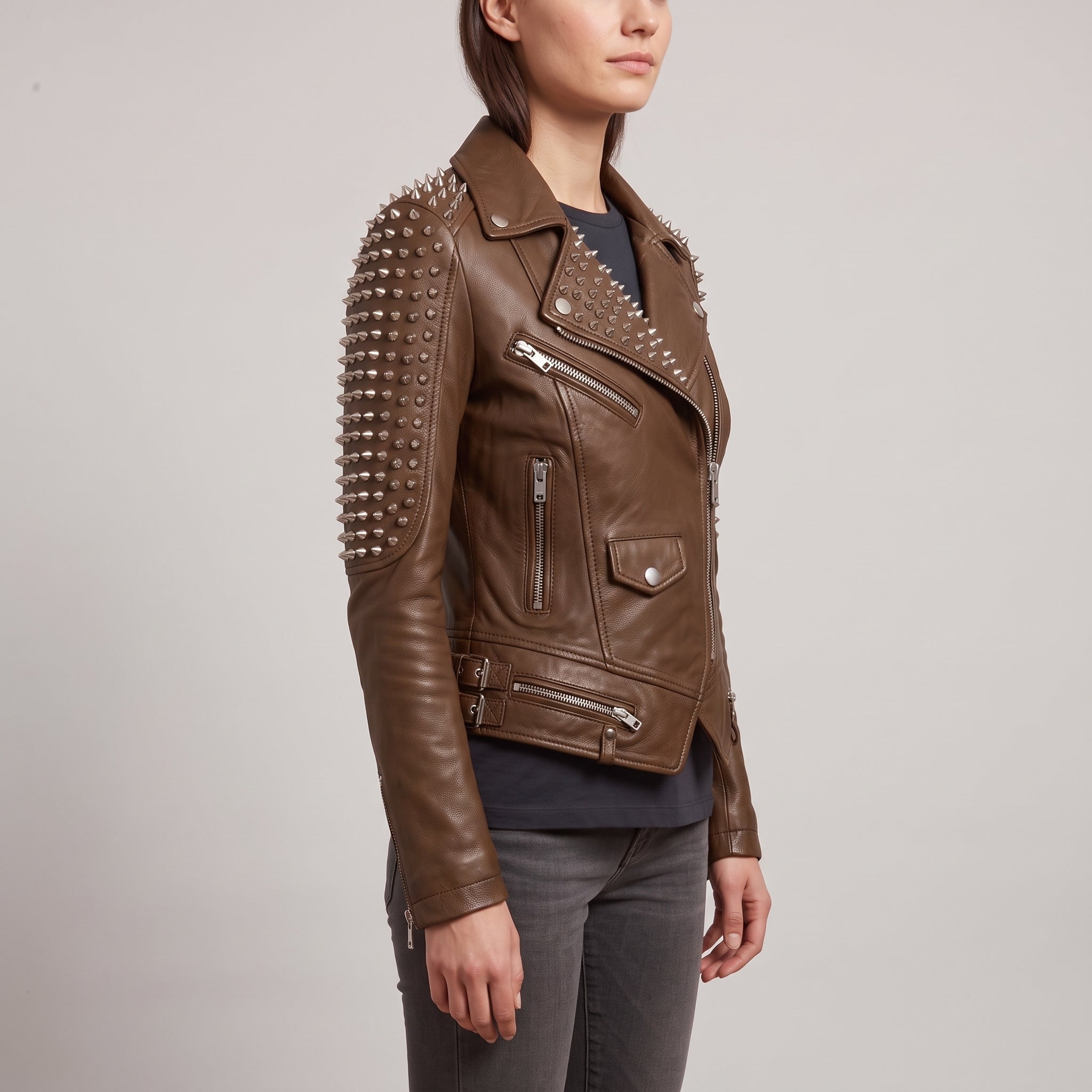 Women's Brown Studded Leather Biker Jacket — Mirfield