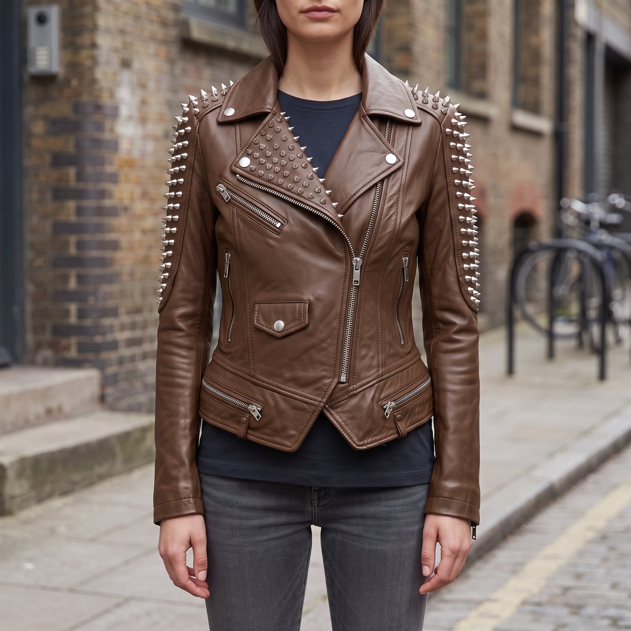 Women's Brown Studded Leather Biker Jacket — Mirfield