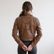 Women's Brown Studded Leather Biker Jacket — Seddon