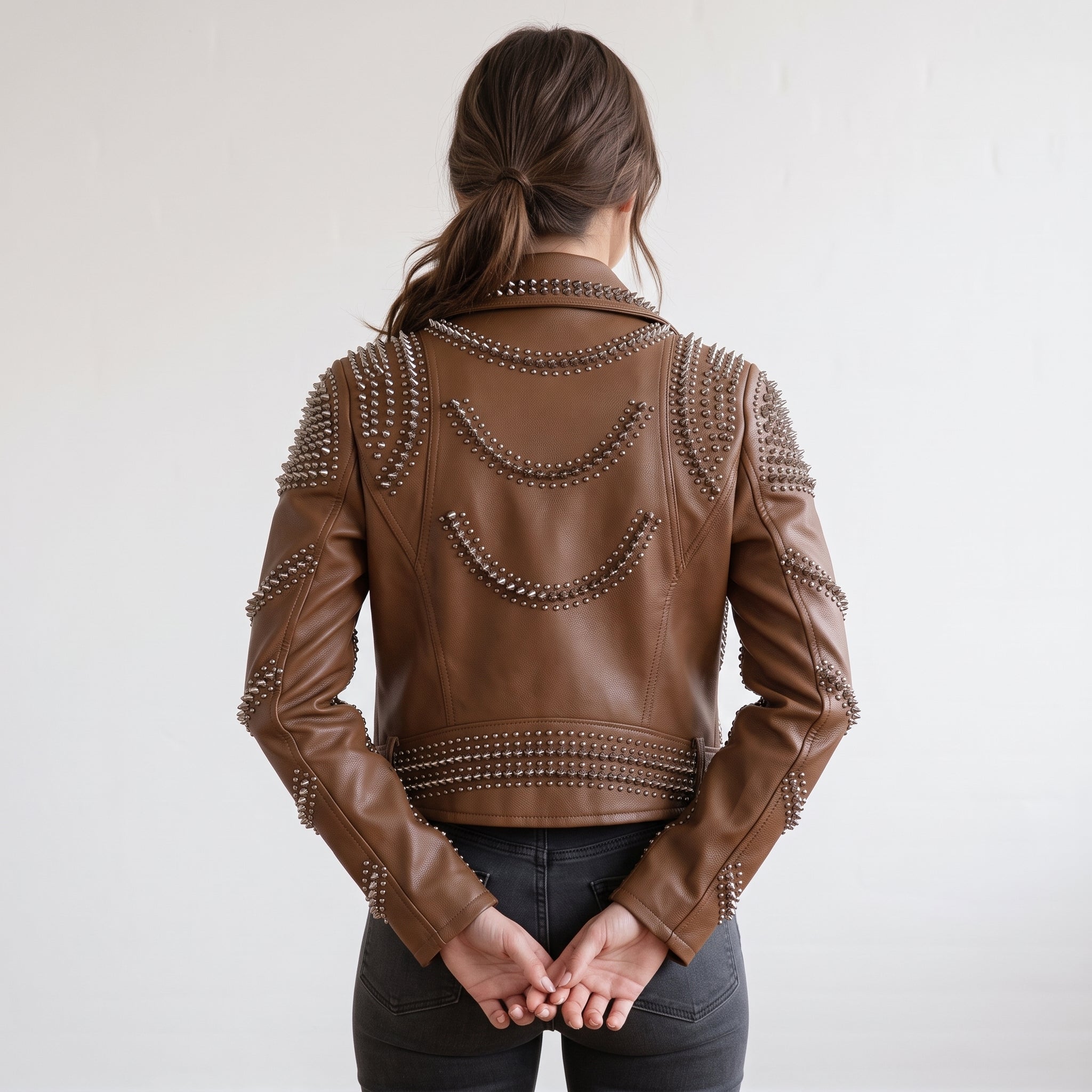 Women's Brown Studded Leather Biker Jacket — Seddon