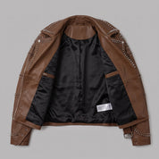 Women's Brown Studded Leather Biker Jacket — Seddon