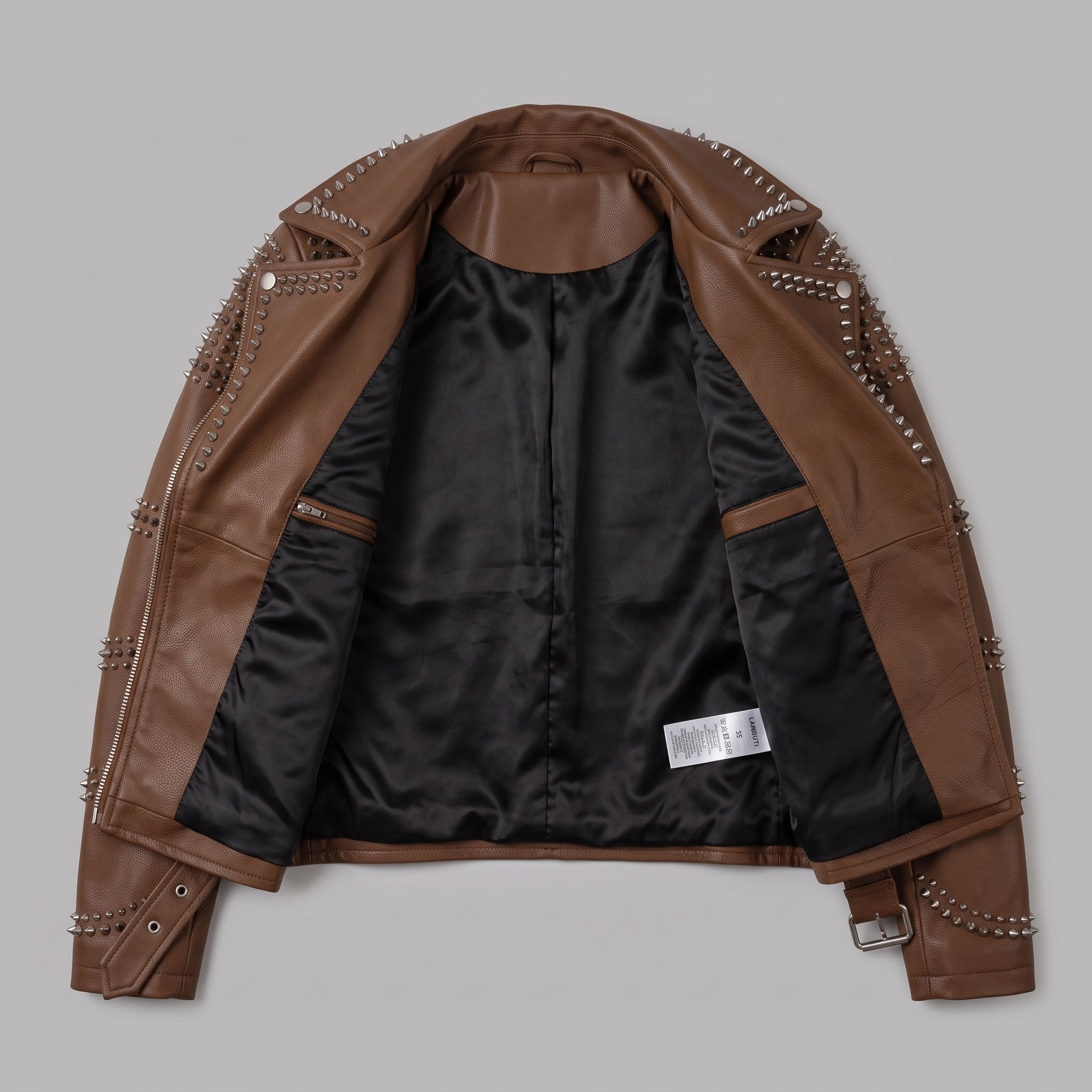 Women's Brown Studded Leather Biker Jacket — Seddon