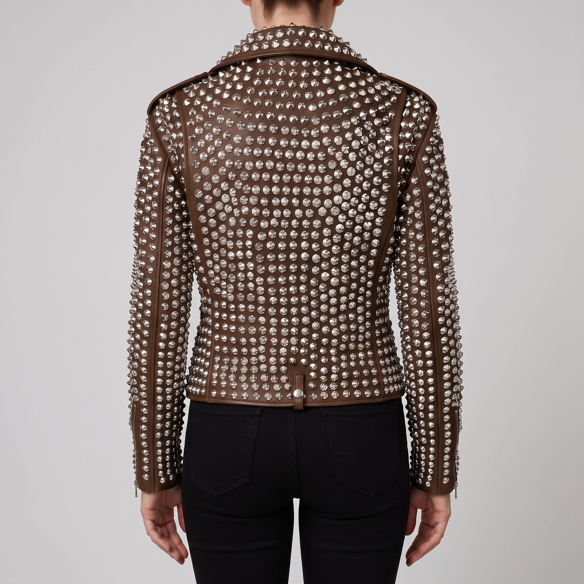 Women's Brown Studded Leather Biker Jacket — Thomson