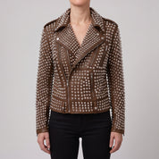 Women's Brown Studded Leather Biker Jacket — Thomson