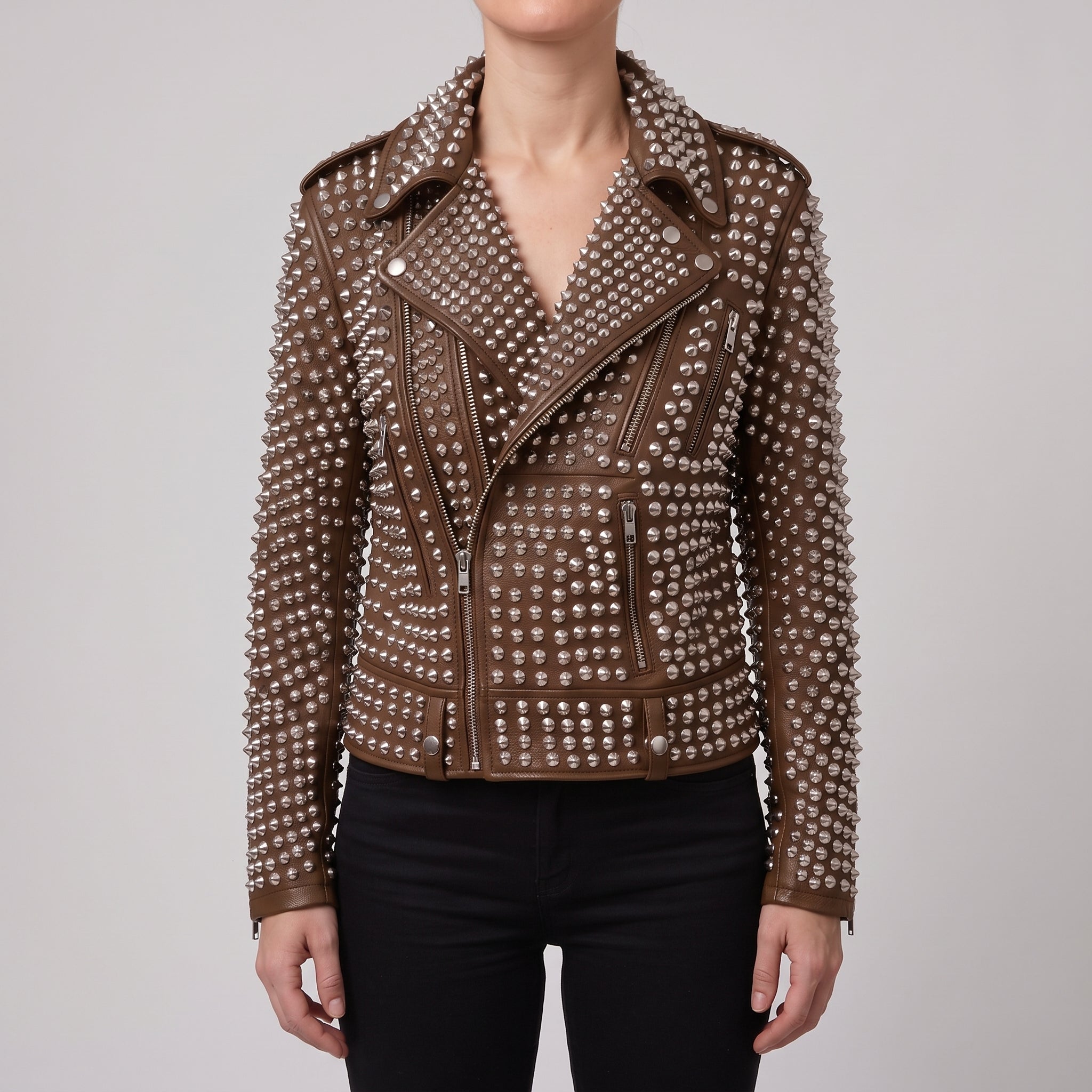 Women's Brown Studded Leather Biker Jacket — Thomson