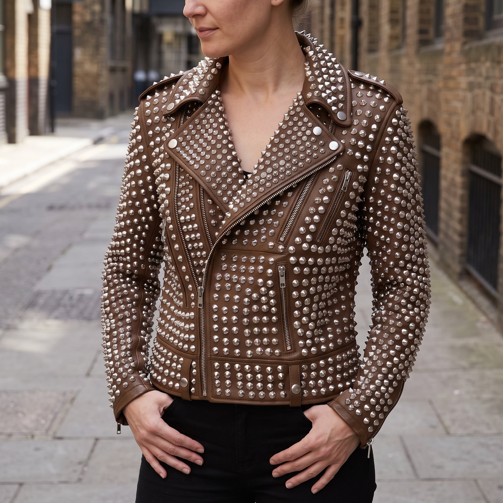 Women's Brown Studded Leather Biker Jacket — Thomson