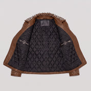 Women's Brown Studded Leather Biker Jacket — Tilton