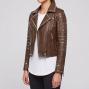 Women's Brown Studded Leather Biker Jacket — Watson