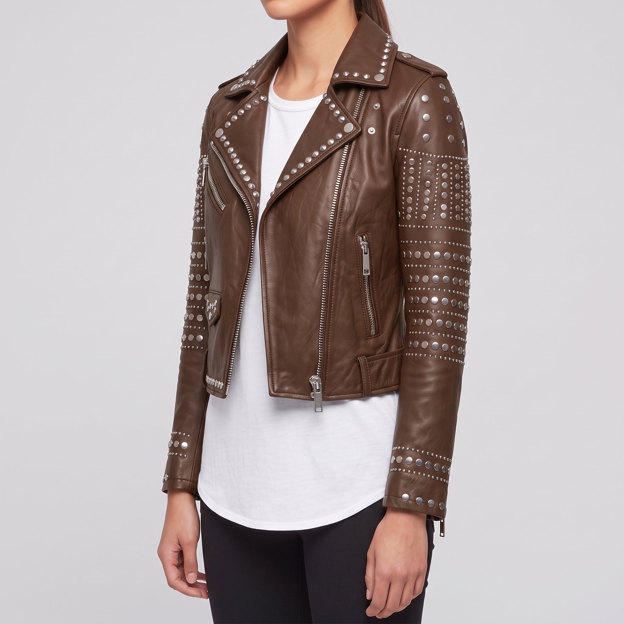 Women's Brown Studded Leather Biker Jacket — Watson
