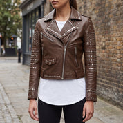 Women's Brown Studded Leather Biker Jacket — Watson