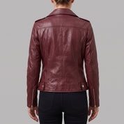 Women's Burgundy Asymmetric Zip Leather Biker Jacket — Becket