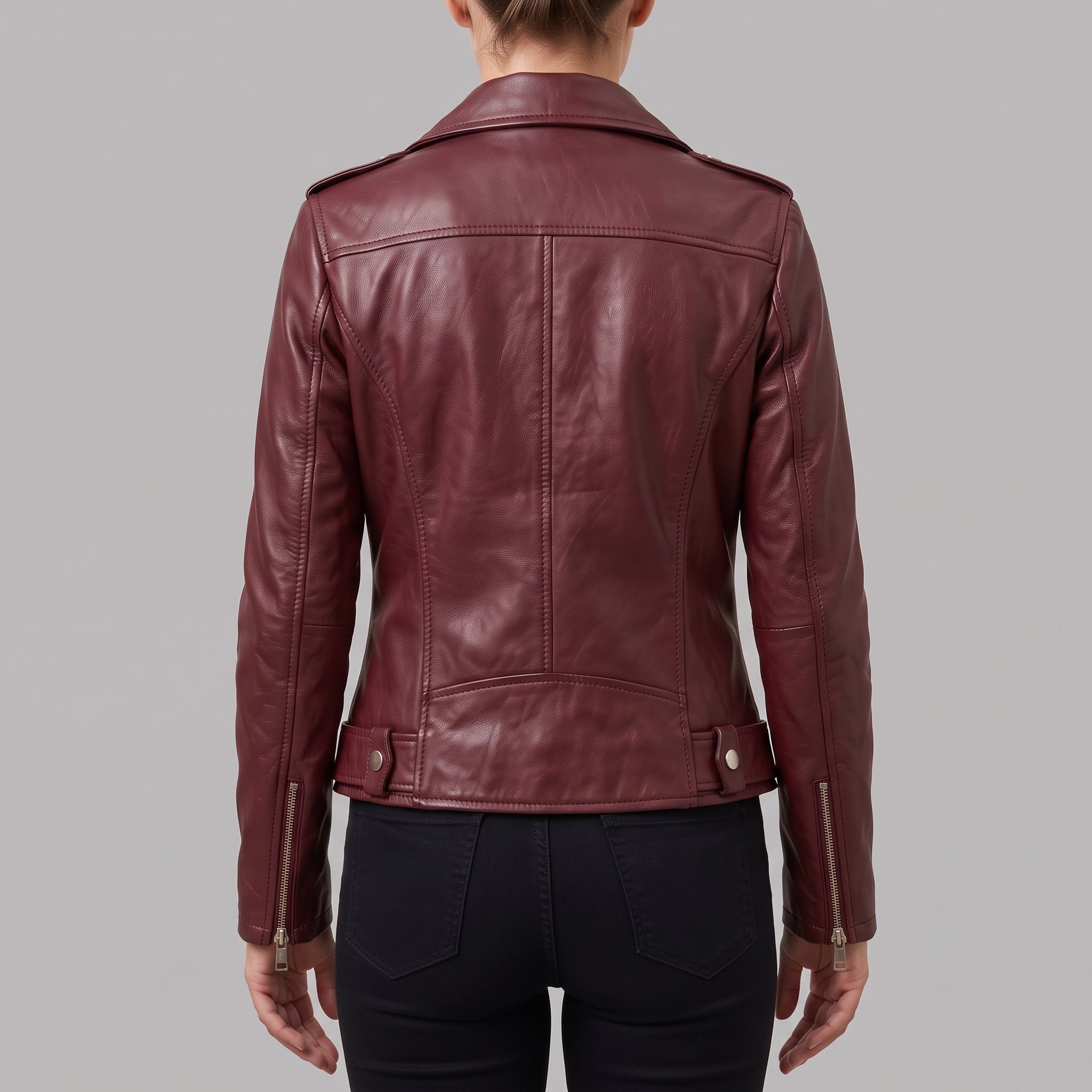 Women's Burgundy Asymmetric Zip Leather Biker Jacket — Becket