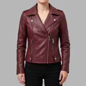 Women's Burgundy Asymmetric Zip Leather Biker Jacket — Becket