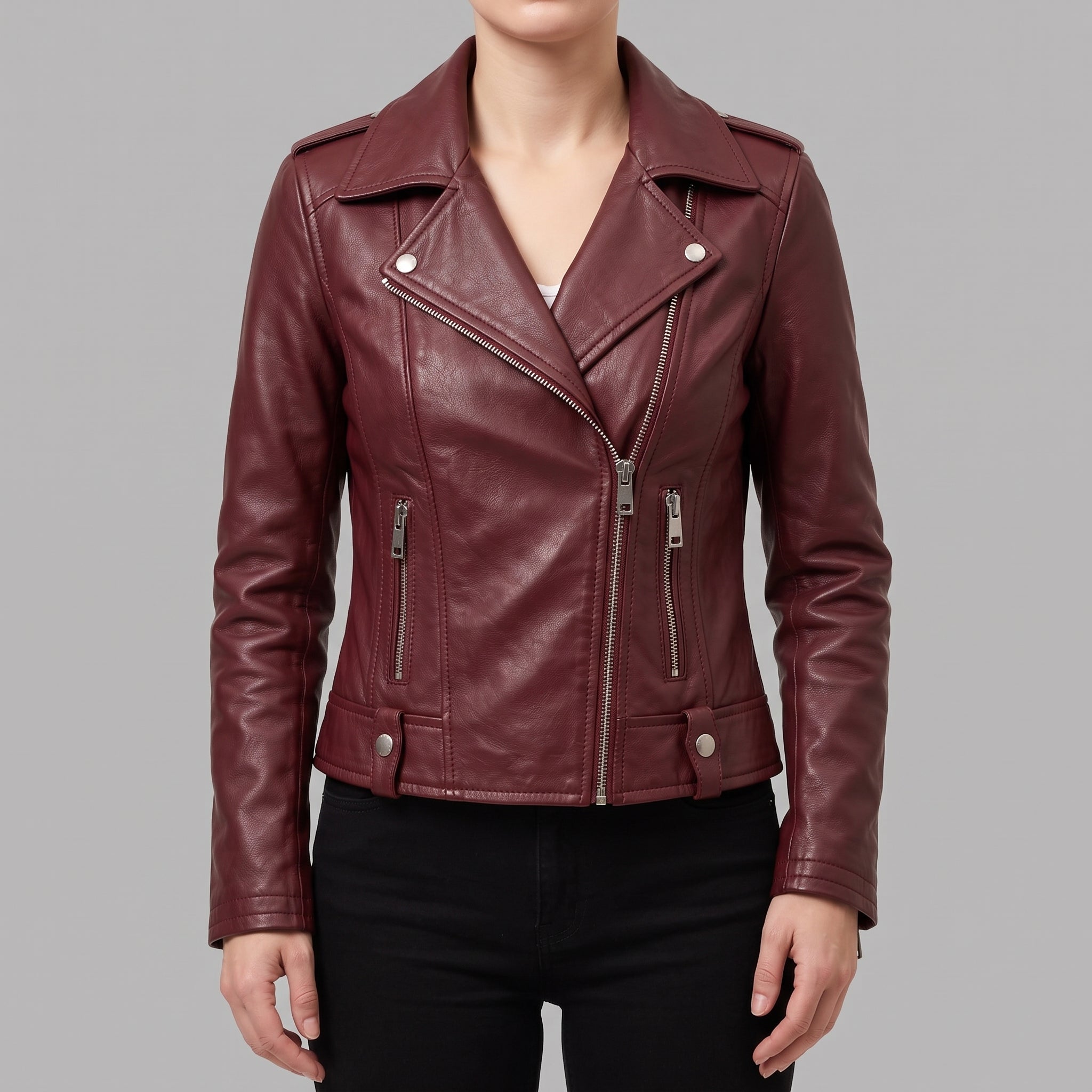 Women's Burgundy Asymmetric Zip Leather Biker Jacket — Becket