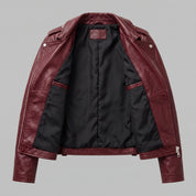 Women's Burgundy Asymmetric Zip Leather Biker Jacket — Becket