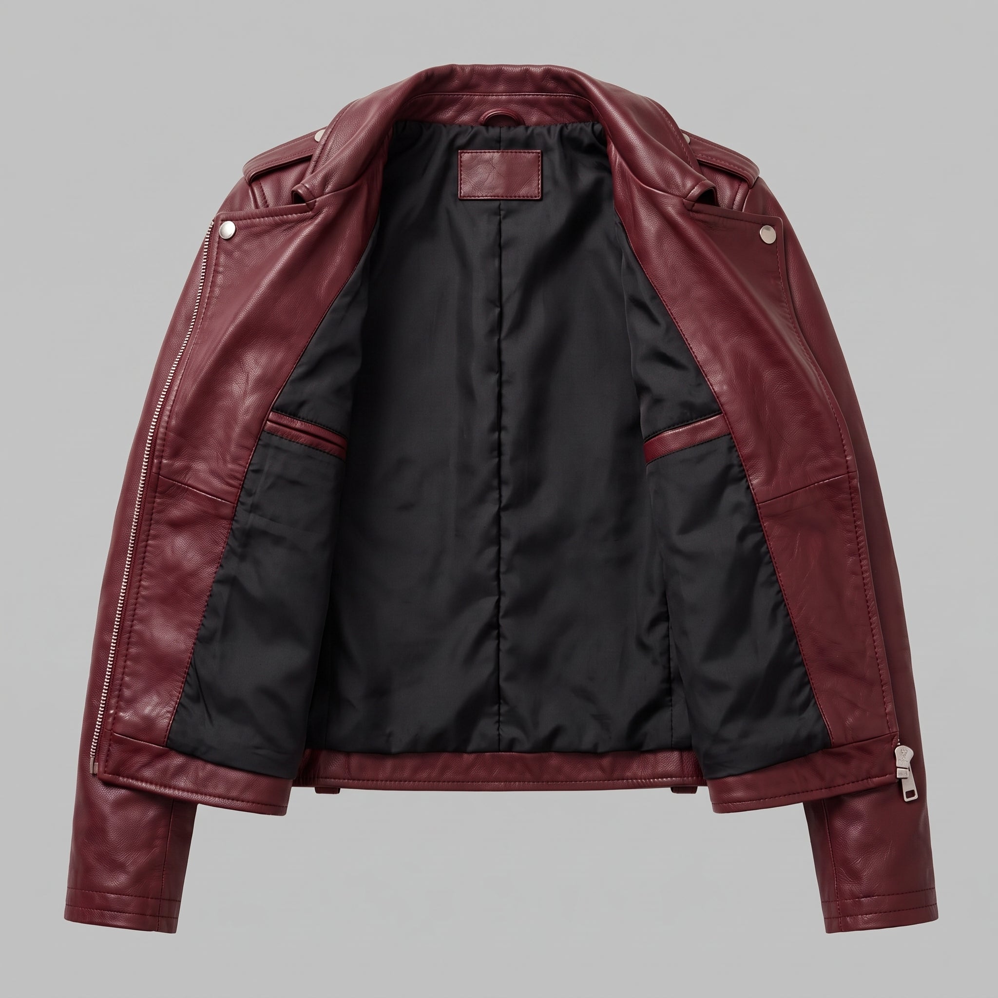 Women's Burgundy Asymmetric Zip Leather Biker Jacket — Becket