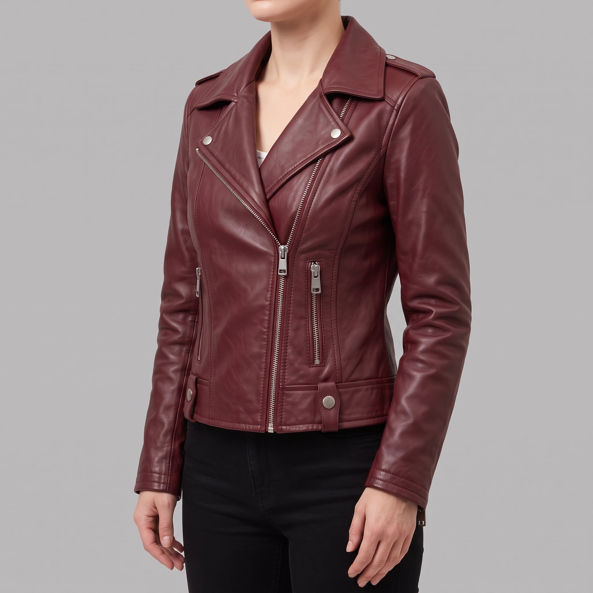 Women's Burgundy Asymmetric Zip Leather Biker Jacket — Becket