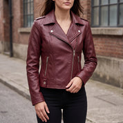 Women's Burgundy Asymmetric Zip Leather Biker Jacket — Becket