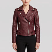 Women's Burgundy Leather Biker Jacket — Channing