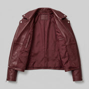 Women's Burgundy Leather Biker Jacket — Channing