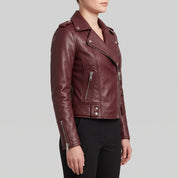 Women's Burgundy Leather Biker Jacket — Channing