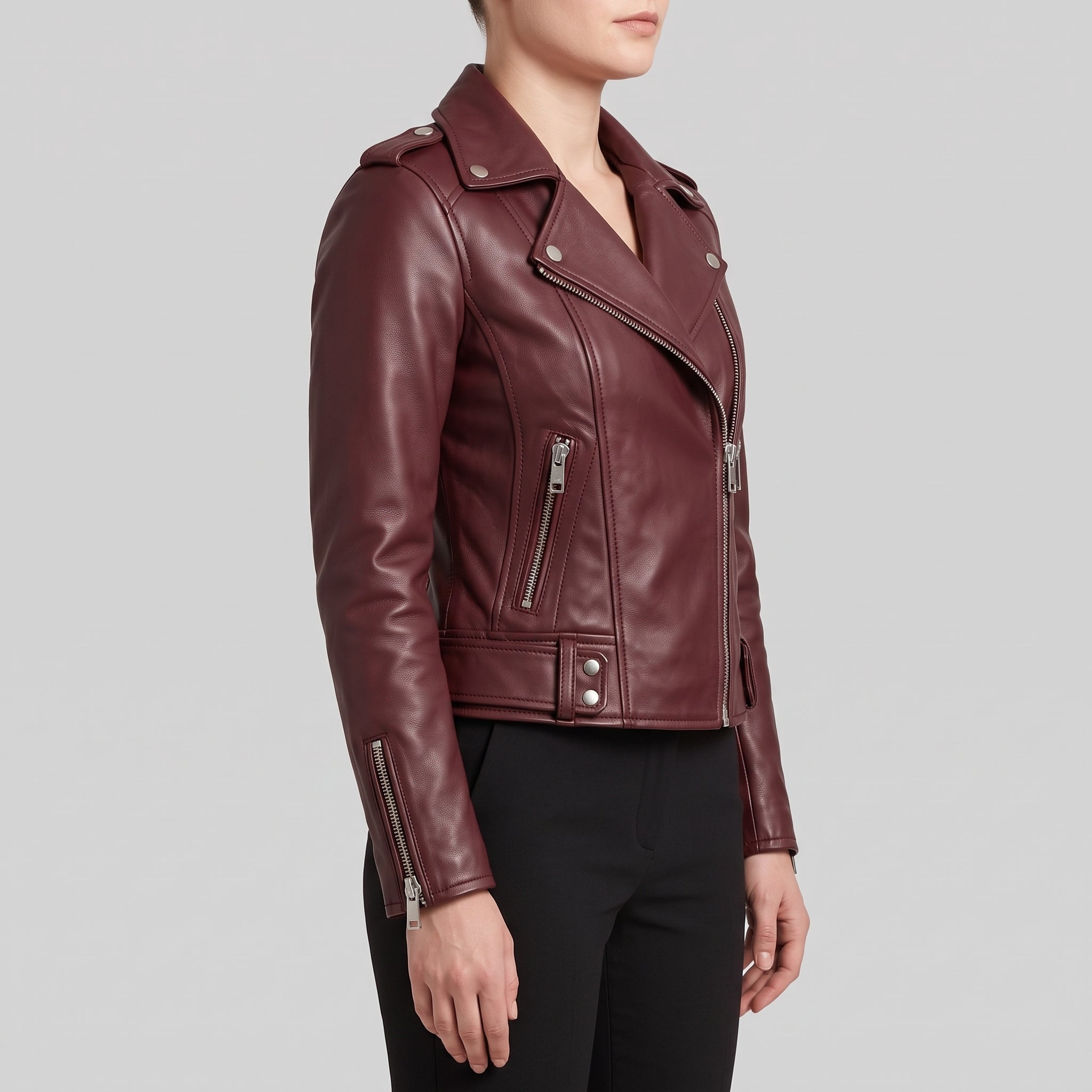 Women's Burgundy Leather Biker Jacket — Channing
