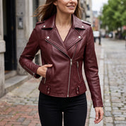 Women's Burgundy Leather Biker Jacket — Channing