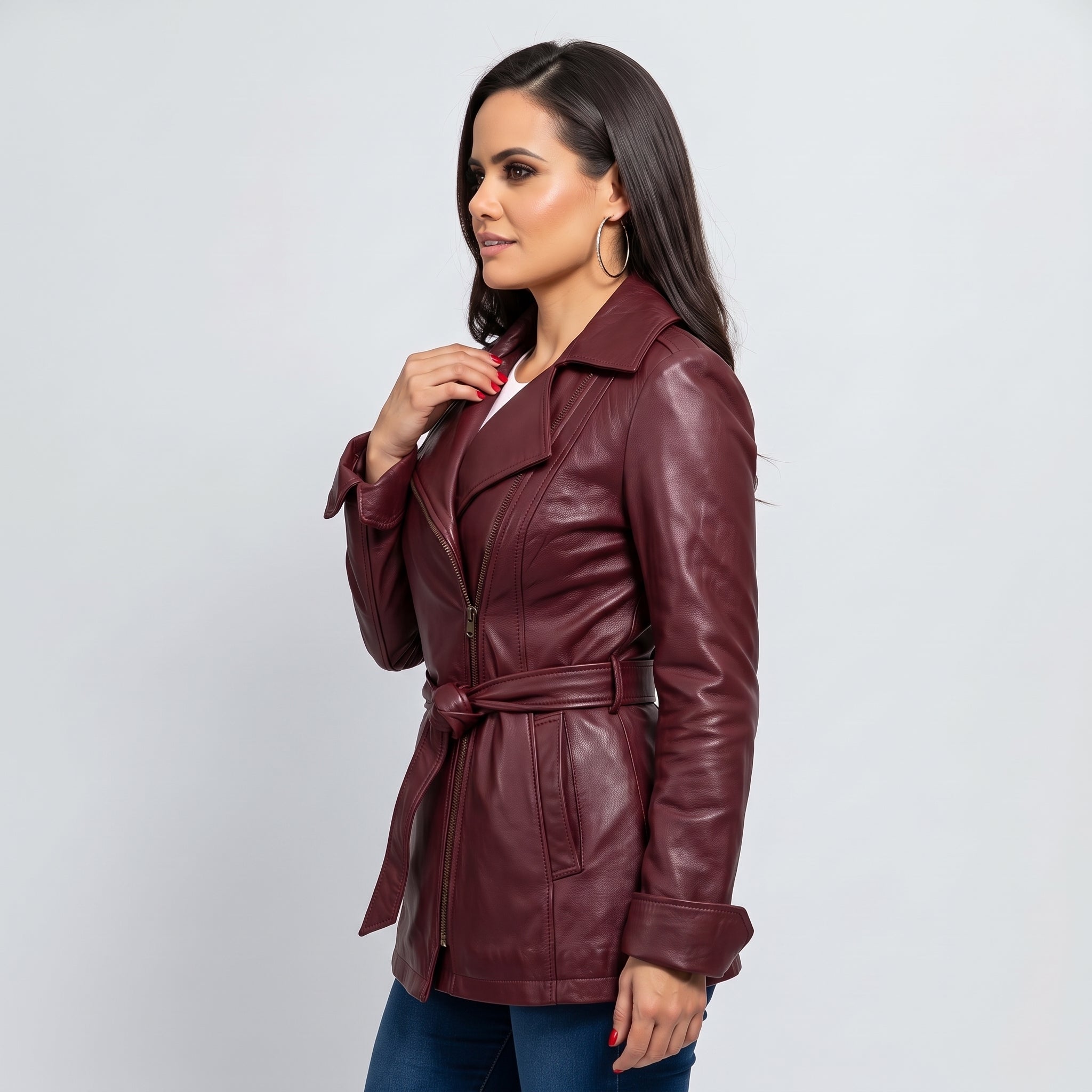 Women's Burgundy Leather Biker Jacket — Sidmouth