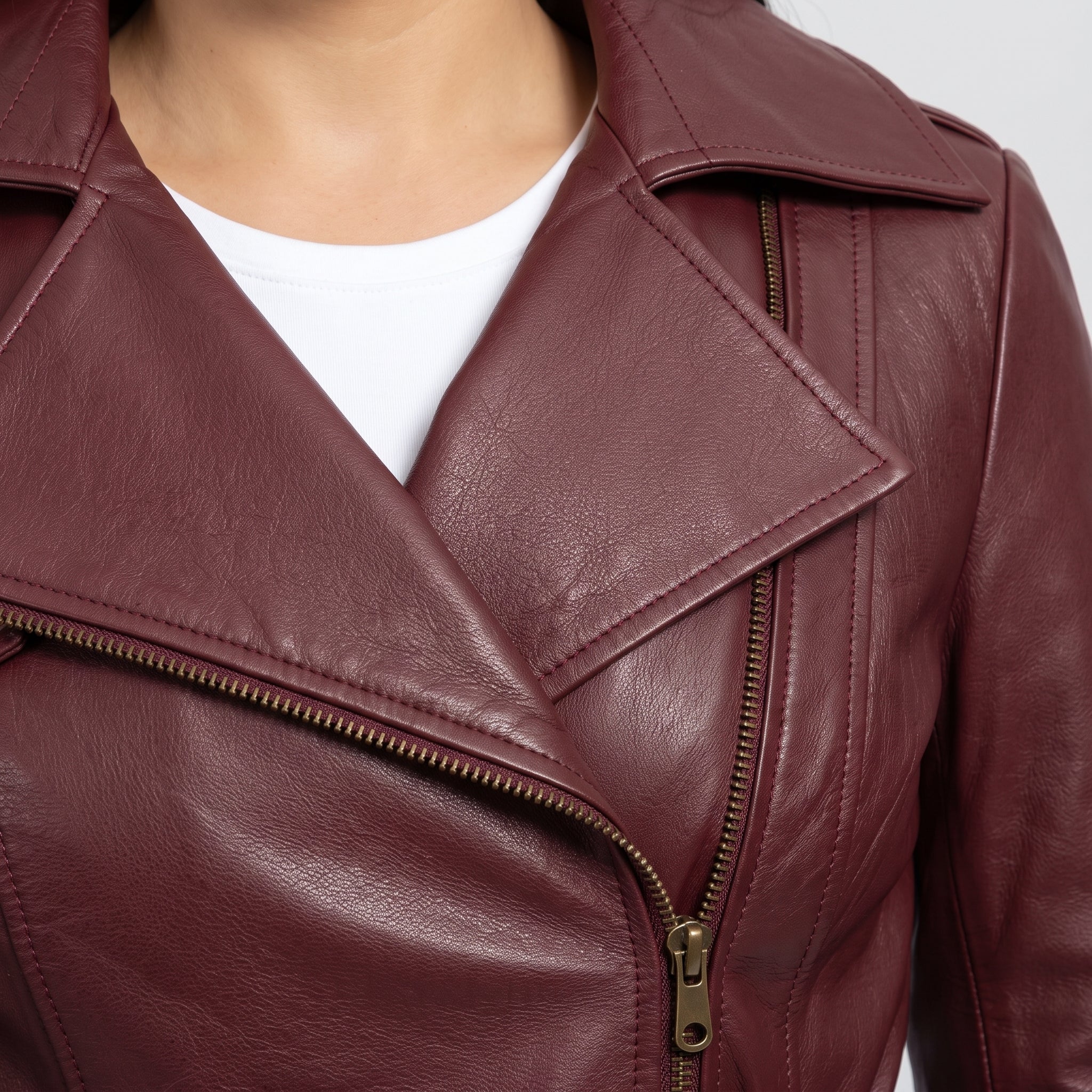Women's Burgundy Leather Biker Jacket — Sidmouth