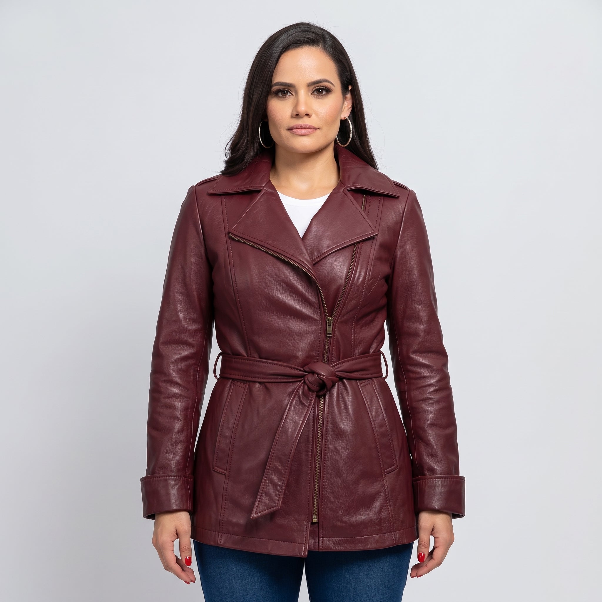 Women's Burgundy Leather Biker Jacket — Sidmouth
