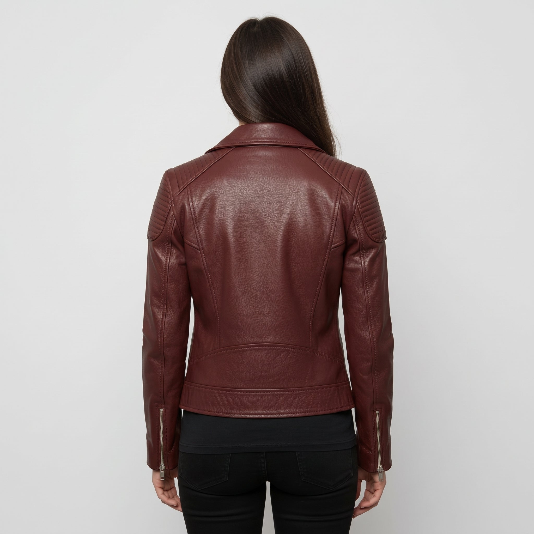 Women's Burgundy Leather Biker Jacket — Welford
