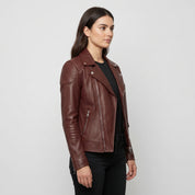 Women's Burgundy Leather Biker Jacket — Welford