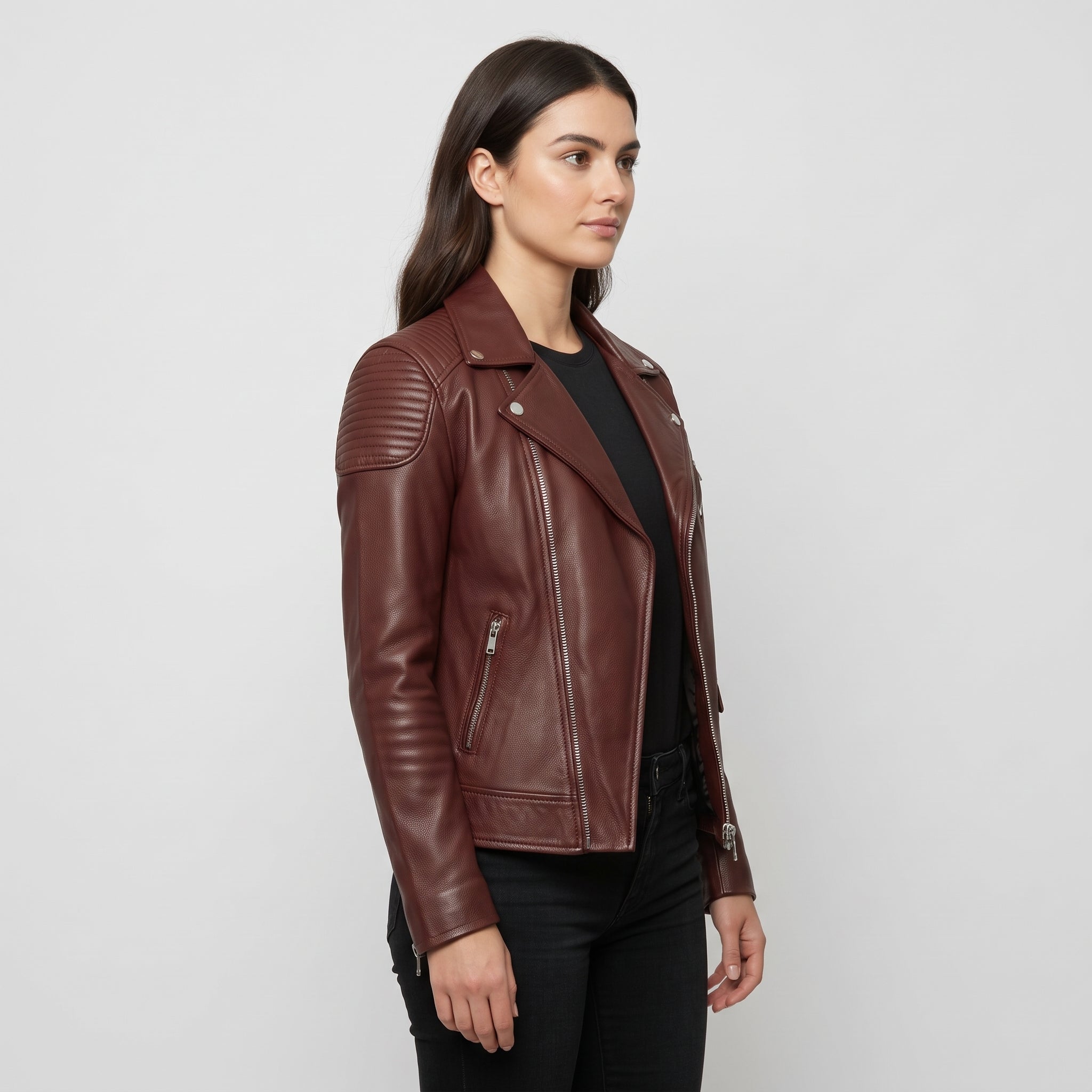 Women's Burgundy Leather Biker Jacket — Welford