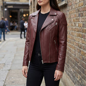 Women's Burgundy Leather Biker Jacket — Welford