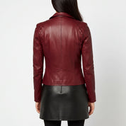 Women's Burgundy Asymmetric Zip Leather Biker Jacket — Yarmouth