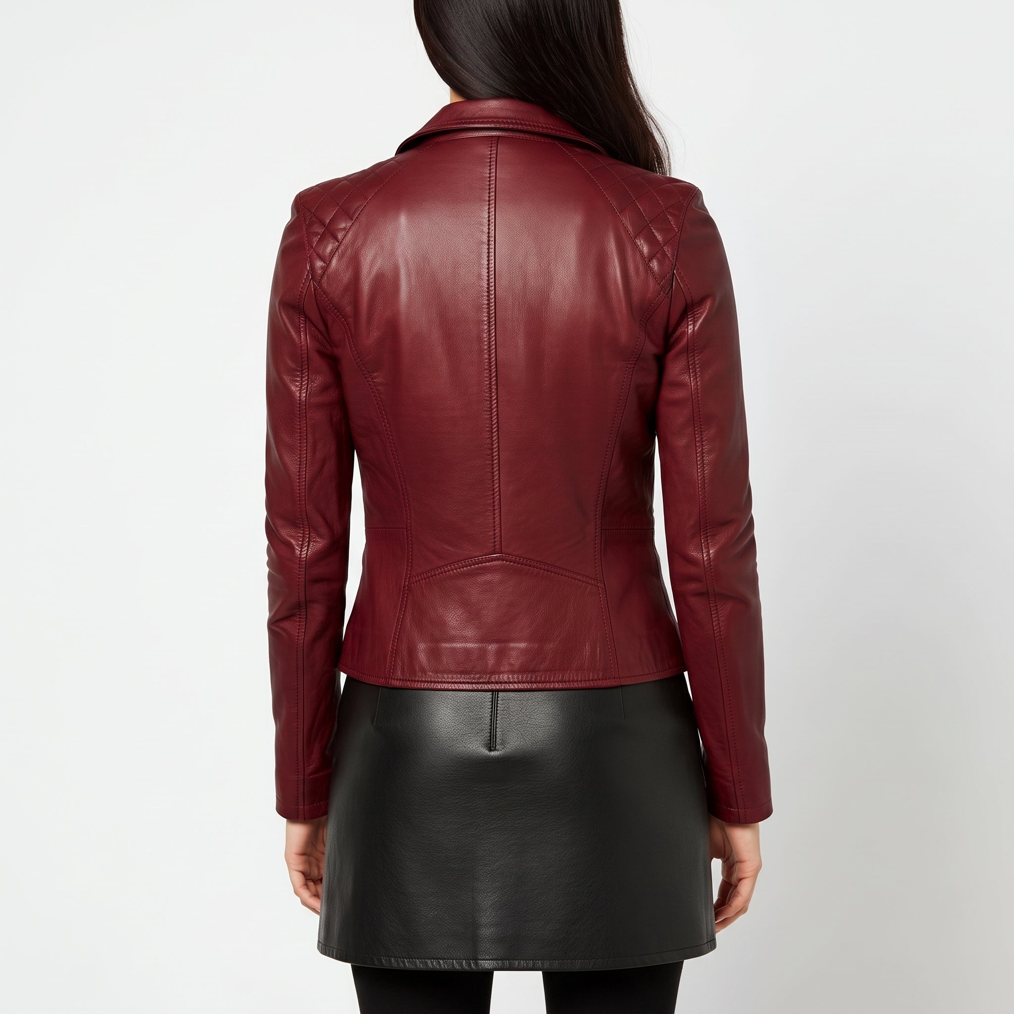 Women's Burgundy Asymmetric Zip Leather Biker Jacket — Yarmouth
