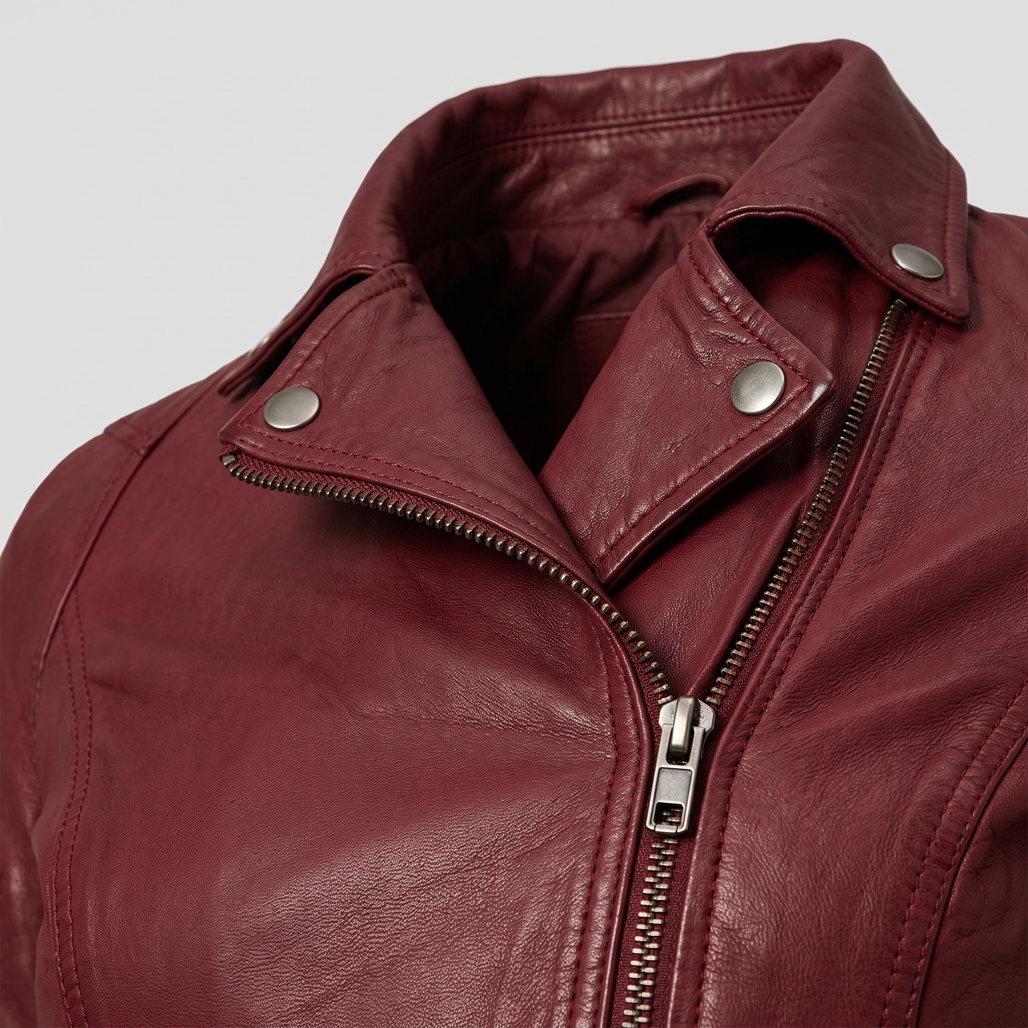 Women's Burgundy Asymmetric Zip Leather Biker Jacket — Yarmouth