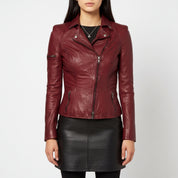 Women's Burgundy Asymmetric Zip Leather Biker Jacket — Yarmouth