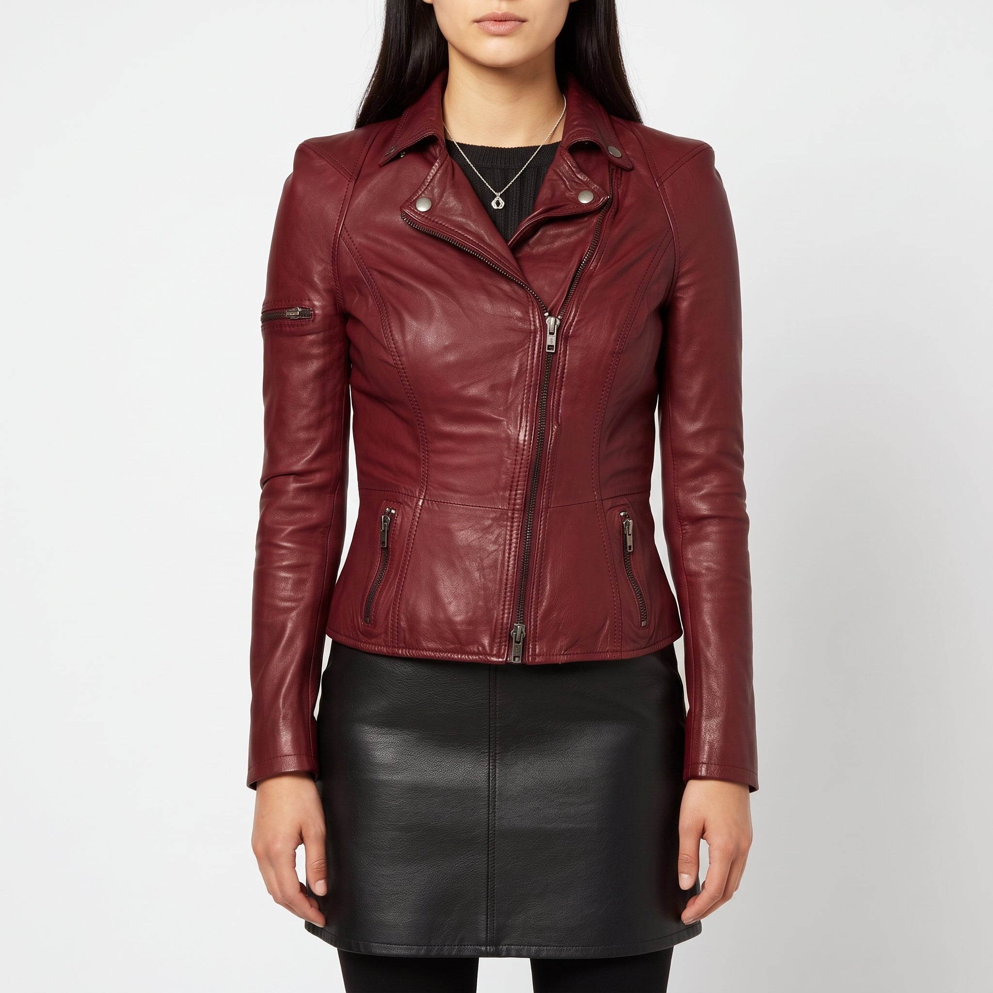 Women's Burgundy Asymmetric Zip Leather Biker Jacket — Yarmouth