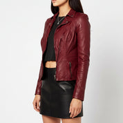 Women's Burgundy Asymmetric Zip Leather Biker Jacket — Yarmouth