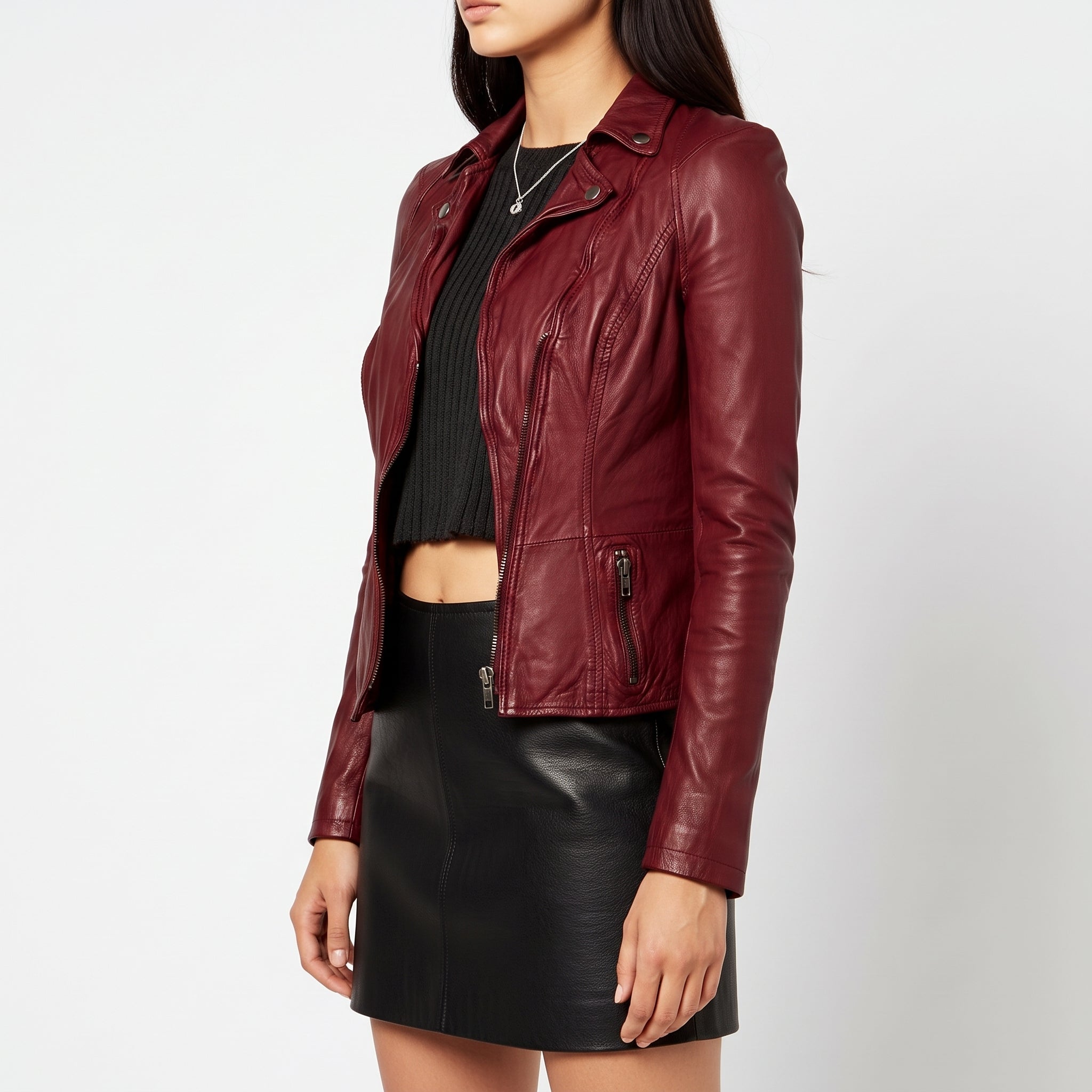 Women's Burgundy Asymmetric Zip Leather Biker Jacket — Yarmouth