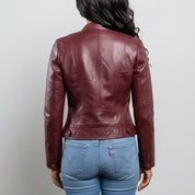 Women's Burgundy Leather Cafe Racer Jacket — Berrick