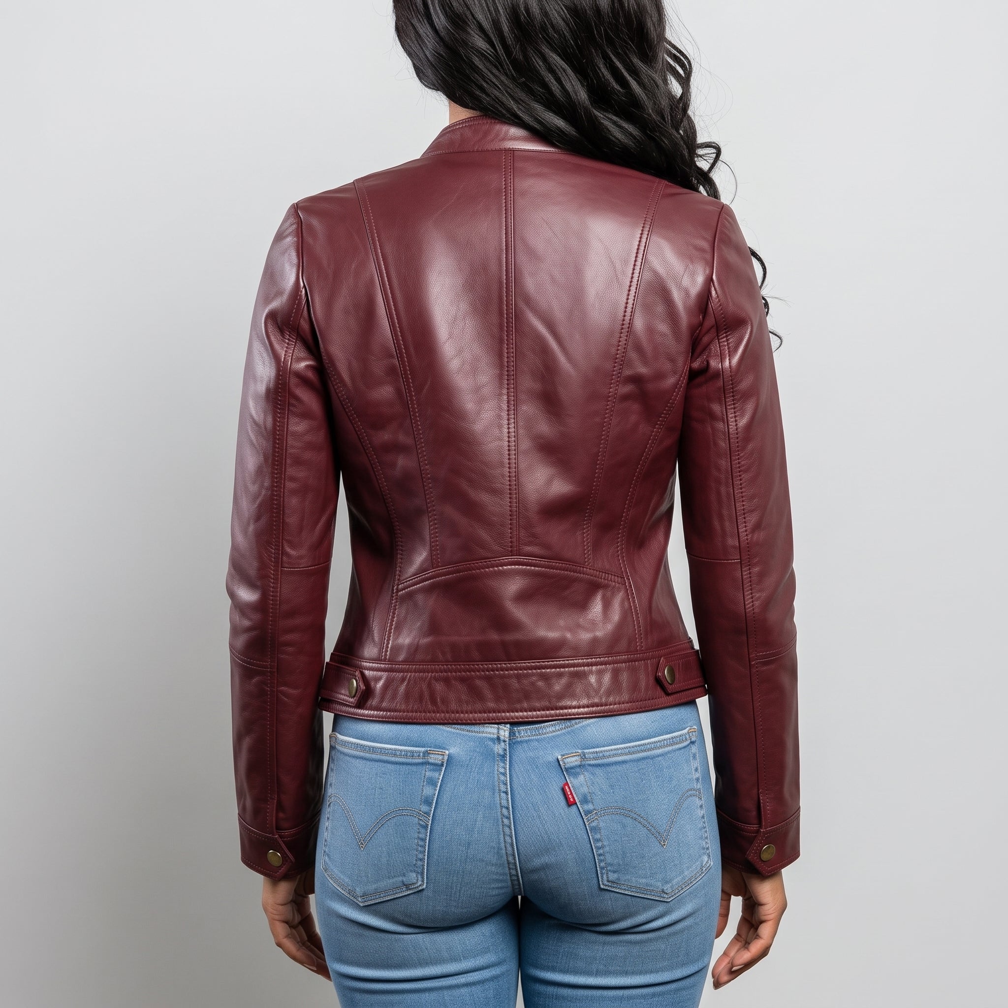 Women's Burgundy Leather Cafe Racer Jacket — Berrick